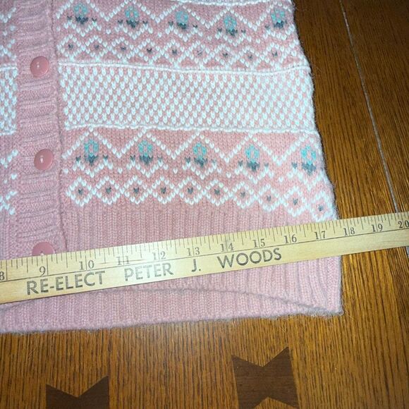Vintage Gina Peters Knit Cardigan Sweater Pink Fair Isle Geometric Knit Made in - Picture 15 of 16
